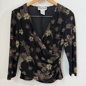 Vintage Y2K Floral Deep V Slinky Blouse Small  Romantic Coquette